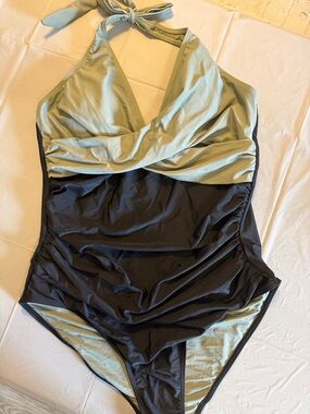 Light Sage and Black Halter One-Piece Swimsuit